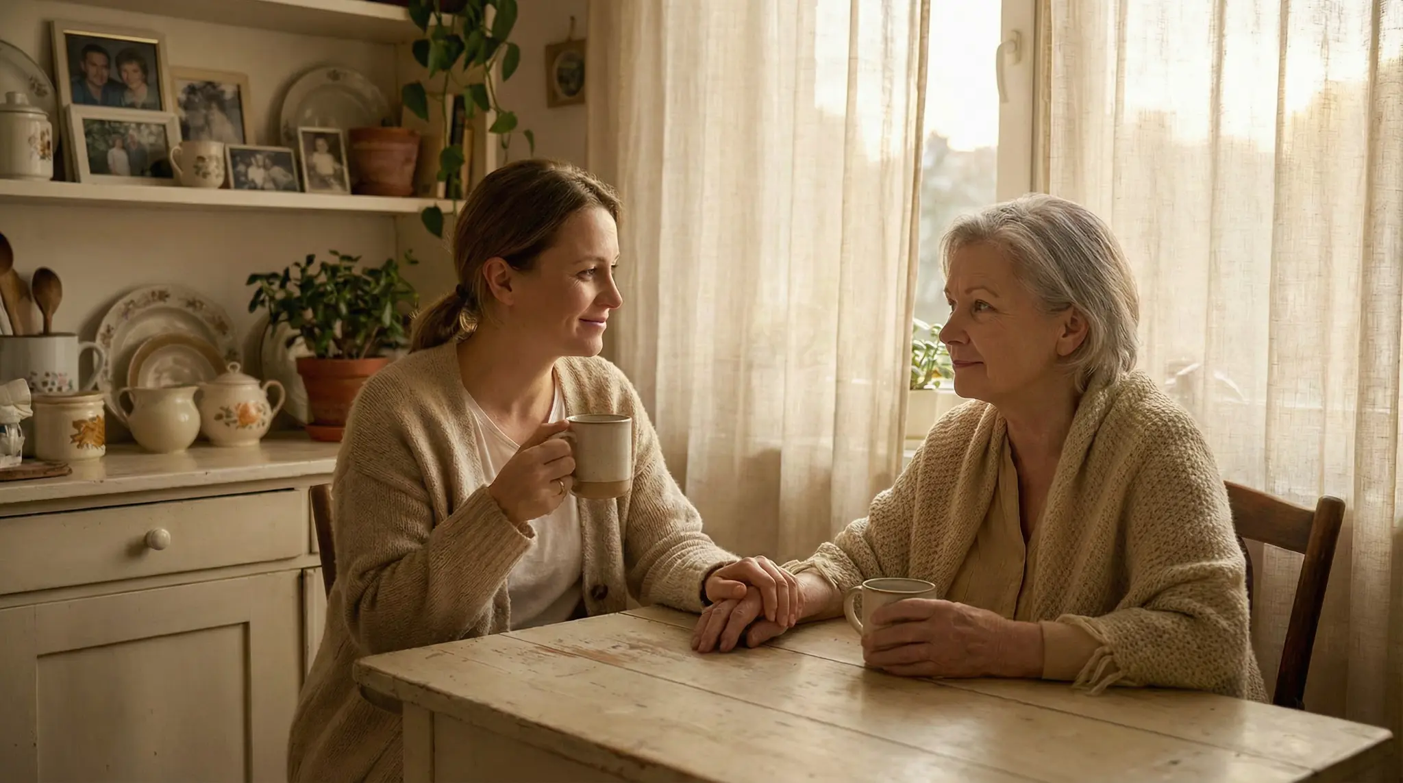 An adult daughter and her mother sharing a quiet conversation at a sunlit kitchen table